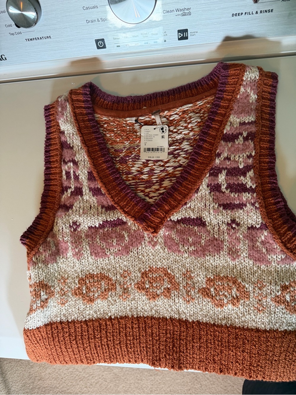 Anthropologie V-Neck Sweater Vest in Rust, Pink & Cream